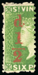 Stamp of St. Vincent 1881 1/2d on left half of 6d bright-green and 1d on 6d bright-green, One Penny surcharge, mint,