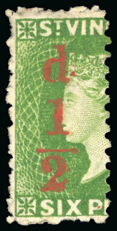 Stamp of St. Vincent 1881 1/2d on left half of 6d bright-green and 1d on 6d bright-green, One Penny surcharge, mint,