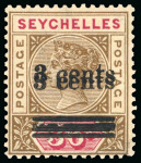 Stamp of Seychelles 1901 3c on 36c brown and carmine, surcharge doubled variety, mint, 
