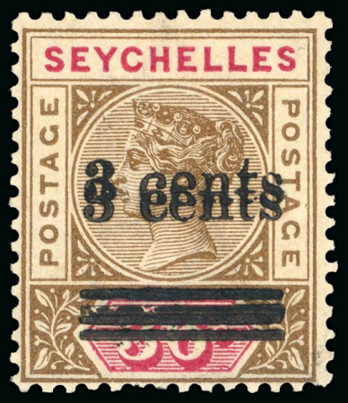 Stamp of Seychelles 1901 3c on 36c brown and carmine, surcharge doubled variety, mint, 