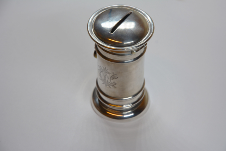 Stamp of Stamp Boxes 1905 Silver money box in the form of a postbox, 105mm tall, with hinged top closed by a latch and padlock