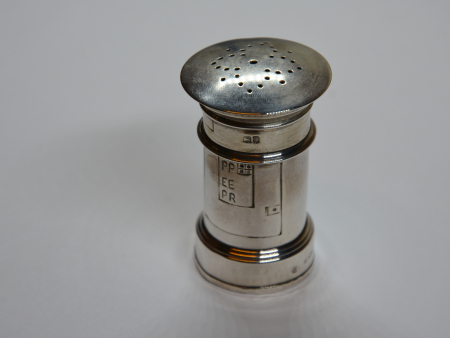 Stamp of Stamp Boxes 1908 Silver pepper shaker in the form of a postbox, 64mm tall, with signed reading "PEP / PER" downwards