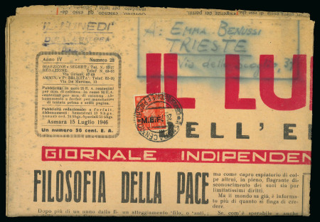 Stamp of British Occupation of Italian Colonies » Eritrea 1946-50 Two newspapers from Asmara to Italy with overprinted stamps