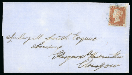 Stamp of Great Britain » 1841 1d Red 1852 (June 14) Cover sent to Glasgow, franked with a 1d reds pl. 126, four margins, tied by a blue "AYR" cds,