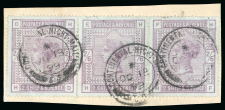 Stamp of Great Britain » 1855-1900 Surface Printed » 1880-81 Provisional Issue and 1881 1d Lilac 1883-84 2s 6d lilac, on blued paper, wmk anchor, perf 14, horizontal strip of three HD-HF, tied to small piece BPA