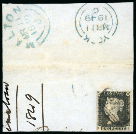 Stamp of Great Britain » 1840 1d Black and 1d Red plates 1a to 11 1840 1d black pl.1b OG, four margins, tied to piece by a 1844 numeral cancel, 