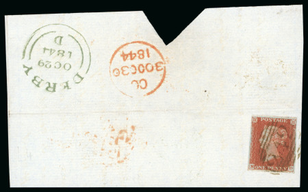 Stamp of Great Britain » 1841 1d Red 1844 1d red pl. 45 ND, four margins, tied to piece by brown "242" numeral of Derby, 