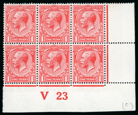 Stamp of Great Britain » King George V » 1912-24 Profile Head Issues 1912-24 2 1d  fluorescent scarlet in mint corner marginal control "V23" block of six, lightly mounted