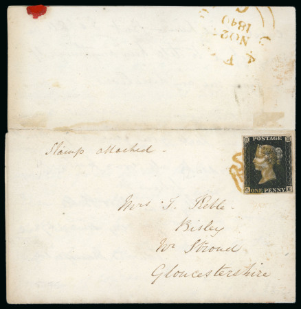 Stamp of Great Britain » 1840 1d Black and 1d Red plates 1a to 11 1840 (Nov 23) Cover to Stroud 1d black pl. 6 GE, four margins, tied by the yellow-ochre Maltese Cross