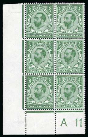 Stamp of Great Britain » King George V » 1911-12 Downey Head Issues 1911 1/2d bluish-green, wmk crown, mint, bottom corner control A11 block of six, perf type 1A