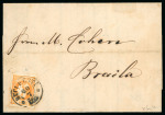 Stamp of Romania » 1868-70 Prince Carol I - New Currency 1869 (July 20) Cover to Braila 2b orange, large four margins, very rare spectacular variety "PCSTA", probably unique