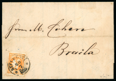 Stamp of Romania » 1868-70 Prince Carol I - New Currency 1869 (July 20) Cover to Braila 2b orange, large four margins, very rare spectacular variety "PCSTA", probably unique