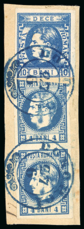 Stamp of Romania » 1868-70 Prince Carol I - New Currency 1869 (June 27) Fragment bearing a mixed franking of the 10b blue 1869 issue, with a 4b blue vertical pair of 1868