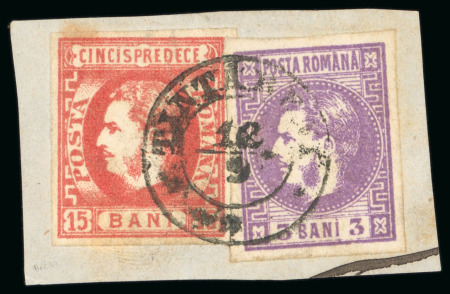 Stamp of Romania » 1868-70 Prince Carol I - New Currency 1869 15b vermilion in combination with 3b violet "TINTARENI" cds, rarest PO of the entire Romanian classics