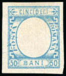 Stamp of Romania » 1872 Prince Carol I - Perforated 1872 Trial Proof of the 50b pale-blue, without the head-plate, void central vignette, imperforate,