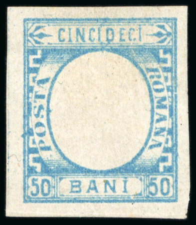 Stamp of Romania » 1872 Prince Carol I - Perforated 1872 Trial Proof of the 50b pale-blue, without the head-plate, void central vignette, imperforate,