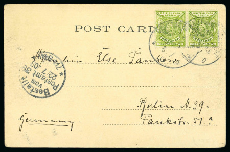 Stamp of Kenya, Uganda and Tanganyika » British East Africa 1903 (Jul 8) Picture postcard of Mombasa coast with 1896-1901 1/a pair tied by German Seapost cds