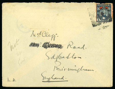 Stamp of Kenya, Uganda and Tanganyika » British East Africa 1897 Envelope from a missionary in Uganda sent to England and franked with 1895-96 "On Zanzibar" 2 1/2a on 1a