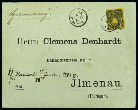 Stamp of Kenya, Uganda and Tanganyika » British East Africa 1892 (Jan 4) Envelope from Lamu to Germany (Denhardt correspondence), with 1890-95 2 1/2a