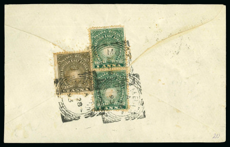 Stamp of Kenya, Uganda and Tanganyika » British East Africa 1893 (Apr 28) Envelope to Zanzibar with 1890-95 1a vert. pair and 1/2a on reverse tied by Mombasa squared circle ds