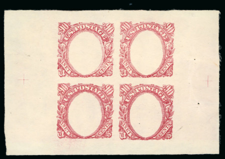 Stamp of United States 1869 Pictorial 90c carmine, shell Die Proof, block of four on wove paper.