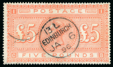 Stamp of Great Britain » 1855-1900 Surface Printed » 1867-83 High Values 1882 £5 orange, used, Edinburgh cds date JA 6 96, well positioned, good perfs, dealer mark 