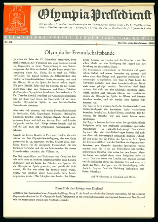 Stamp of Olympics » 1936 Berlin » Documents, Programmes, Tickets, etc. "Olympia-Pressedienst" Organising Committee newsletters, nos.27-33 followed by nos.1-5 for the Art competition privately bound in a HB cover.
