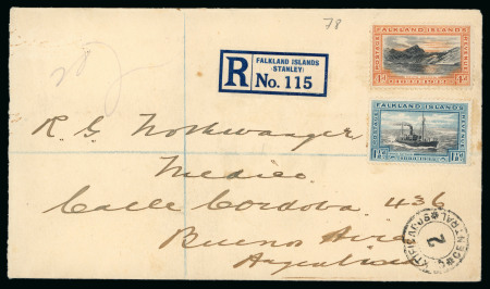 Stamp of Falkland Islands 1933 Registered cover sent to Buenos Aires, with centenary 4 1/2d franking taxed on arrival in Argentina 