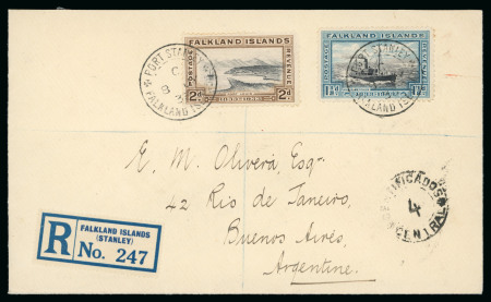 Stamp of Falkland Islands 1933 (July 8) Registered cover sent to Buenos Aires, Argentina, entenary 2d and 1 1/2d, untaxed 
