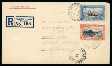 Stamp of Falkland Islands 1933 (July 8) Registered cover sent to Buenos Aires, Argentina, franked with centenary 4d and 1 1/2d
