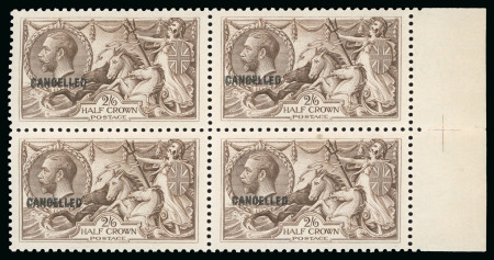 Stamp of Great Britain » King George V » 1913-19 Seahorse Issues 1918-19 Bradbury Wilkinson 2s6d chocolate brown overprinted "CANCELLED" type 33 in marginal block of four