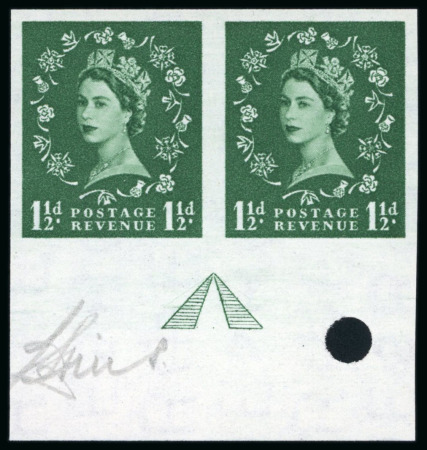 Stamp of Great Britain » Queen Elizabeth II 1956 Wildings 1 1/2d green mint n.h. imperforate imprimatur pair
