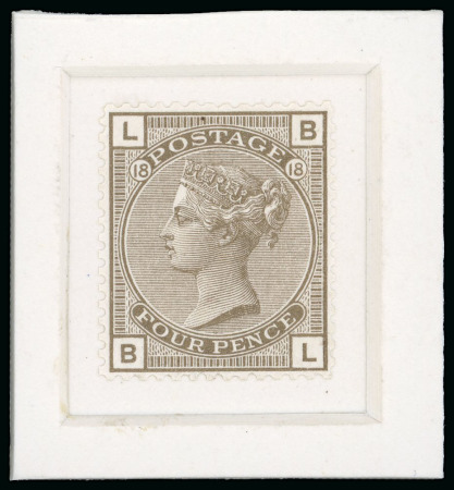 Stamp of Great Britain » 1855-1900 Surface Printed » 1880-83 Large Coloured Corner Letters, Wmk Imperial Crown 1882 4d grey-brown pl.18 BL line perf.14 imprimatur from the 1887 Stamp committee presentation album
