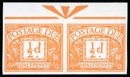 Stamp of Great Britain » Postage Dues 1964 1/2d orange on whiter paper imperf. imprimatur pair from the top of the sheet