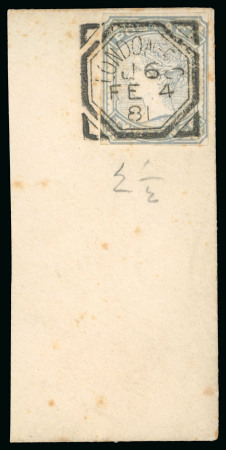 Stamp of Great Britain » 1855-1900 Surface Printed » 1880-81 Provisional Issue and 1881 1d Lilac 1880-81 2d in pale green on imperforate white paper affixed to small piece with trial cancellation