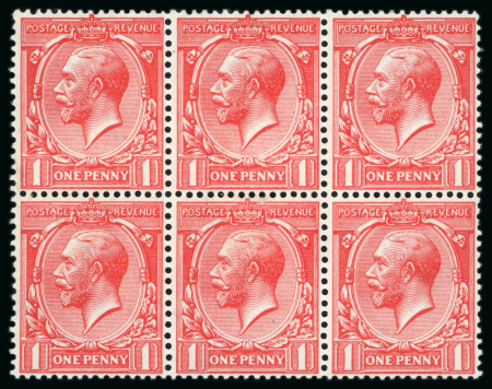 Stamp of Great Britain » King George V » 1912-24 Profile Head Issues 1912 1d Scarlett-vermilion showing variety "printed on back" in mint n.h. block of six