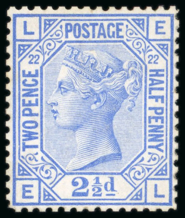 Stamp of Great Britain » 1855-1900 Surface Printed » 1880-83 Large Coloured Corner Letters, Wmk Imperial Crown 1881 2 1/2d blue pl.22, EL, line perforated imprimatur produced for inclusion into the "Before and After Committee" presentation book