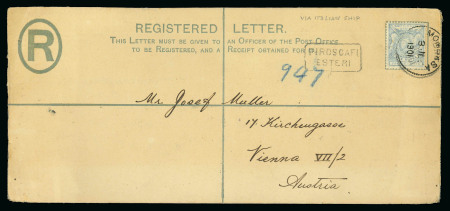 Stamp of Kenya, Uganda and Tanganyika » British East Africa 1901 (Nov 3) 2a registered envelope (size H2) uprated with 1896-1901 1R pale dull blue tied by large single circle Mombasa cds