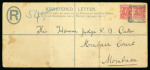 Stamp of Kenya, Uganda and Tanganyika » British East Africa Kilindini: 1899 (Nov 27) 2a registered envelope to Mombasa with 1896-1901 1a pair tied by "KILINDINI / MOMBASA" squared circle ds