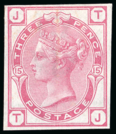 Stamp of Great Britain » 1855-1900 Surface Printed » 1873-80 Large Coloured Corner Letters 1873 3d rose pl.15 TJ imperf. imprimatur 