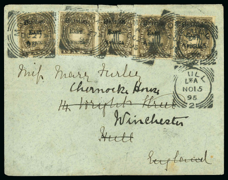 Stamp of Kenya, Uganda and Tanganyika » British East Africa 1895 (Oct 27) Envelope from missionary Mary Rachel Gedge (then based at Freretown) with five 1895 1/2a tied by Mombasa code A squared circle ds