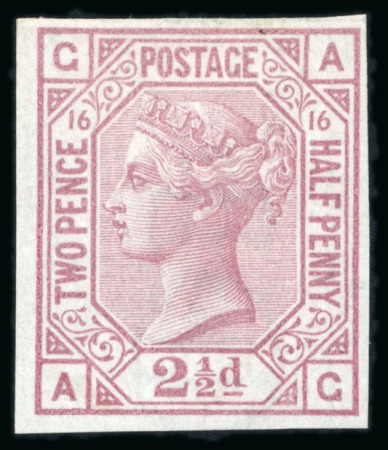 Stamp of Great Britain » 1855-1900 Surface Printed » 1873-80 Large Coloured Corner Letters 1879 2 1/2d rosy mauve pl.16 AG imperf. imprimatur