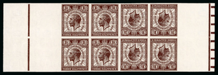 Stamp of Great Britain » King George V » 1924-36 Issues 1929 PUC 1 1/2d red brown mint n.h. imperf. imprimatur block of eight advertising booklet panes with two tête-bêche pairs