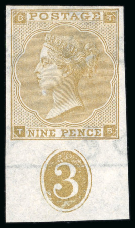 Stamp of Great Britain » 1855-1900 Surface Printed » 1862-64 Small Uncoloured Corner Letters 1862 9d bistre pl.3 TB abnormal imperforate imprimatur from the foot of the sheet showing the plate number