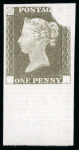Stamp of Great Britain » Line Engraved Essays, Plate Proofs, Colour Trials and Reprints 1840 1d Rainbow trial (state 2) in drab on bluish laid paper from the foot of the sheet, pos.3/2