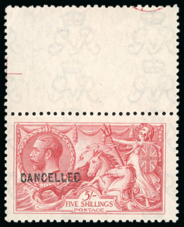 Stamp of Great Britain » King George V » 1913-19 Seahorse Issues 1920 Bradbury Wilkinson 5s rose red from the 23mm printing on multi cypher experimental paper overprinted "CANCELLED"