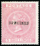 Stamp of Great Britain » 1855-1900 Surface Printed » 1867-83 High Values 1867-83 Wmk MC 5s pale rose pl.2 DC overprinted "SPECIMEN" type 9