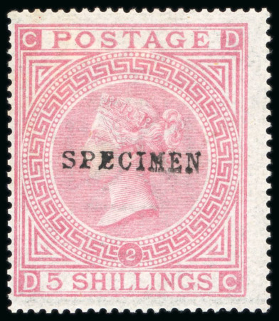 Stamp of Great Britain » 1855-1900 Surface Printed » 1867-83 High Values 1867-83 Wmk MC 5s pale rose pl.2 DC overprinted "SPECIMEN" type 9