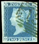 Stamp of Great Britain » 1841 2d Blue 1841 2d blue pl.4 OA, very large margins all round, neatly cancelled by a fine strike of a Scottish type numeral in green