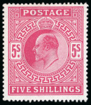 Stamp of Great Britain » King Edward VII » 1902-10 De La Rue Issues 1902-10 De La Rue 5s bright carmine mint n.h.
